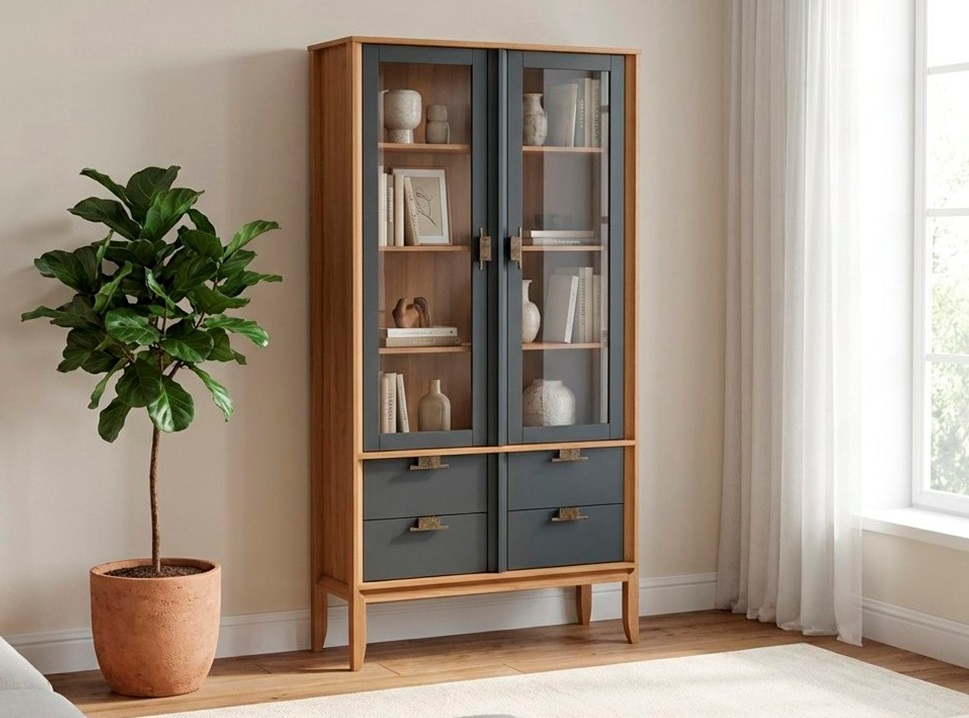 Шкаф для посуды "Бридж" широкий с 2-мя стеклянными дверями и 4-мя ящиками №0