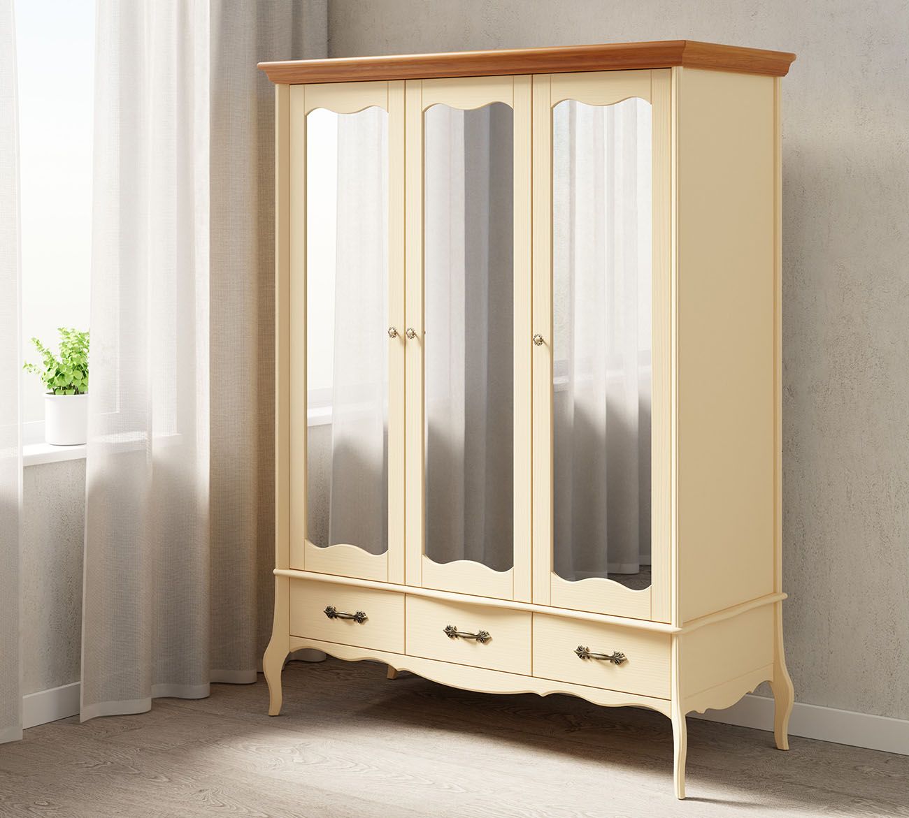 Шкаф трехдверный с зеркальными дверями "Лебо" №1