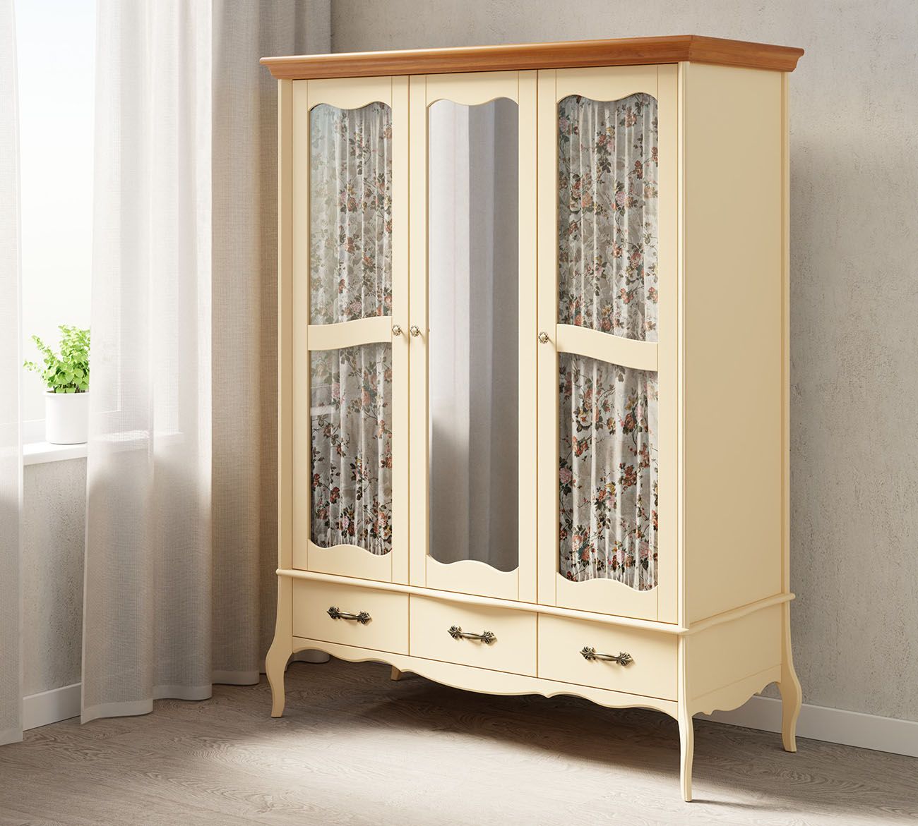 Шкаф трехдверный со стеклянными дверями и зеркалом "Лебо" №0